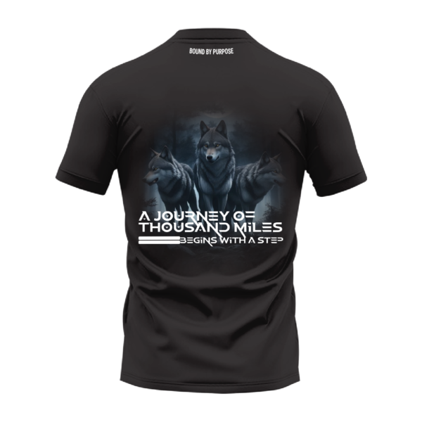 Black Round Neck T-Shirt - "A Journey of Thousand Miles Begins with a Step" Bold Text