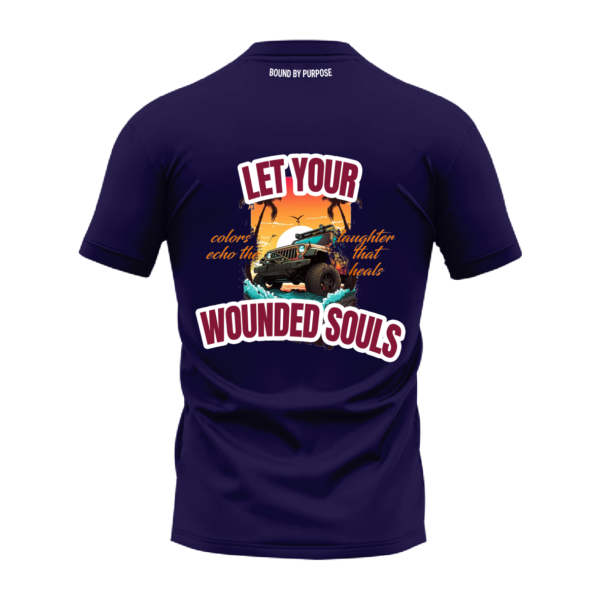 "Echo of Healing" Bold Text Graphic Blue Round Neck T-Shirt