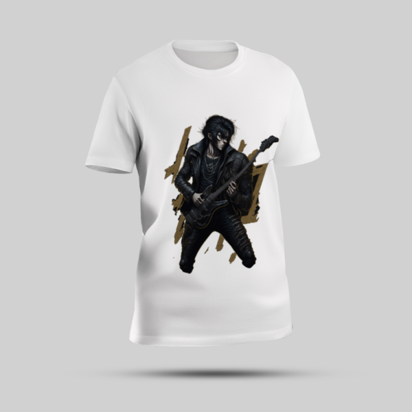 Emo Boy Electric Guitar Graphic T-Shirt - Bold Print, White Round Neck