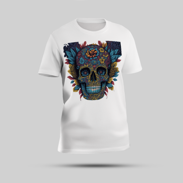 Bold Skull Tattooed with Flower White Round Neck T-shirt