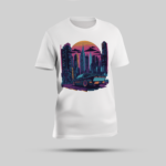 White Round Neck T-shirt with Bold Car & City Graphic