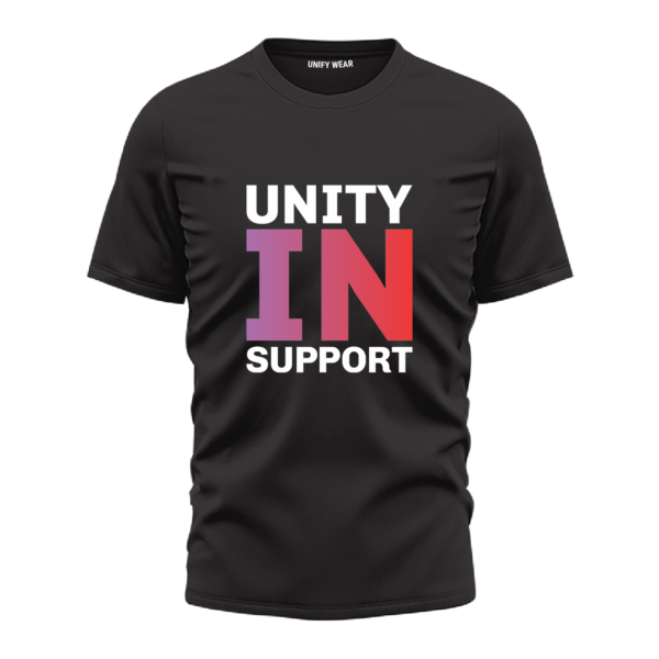 Black Round Neck T-Shirt - "Unity in Support" Bold Text
