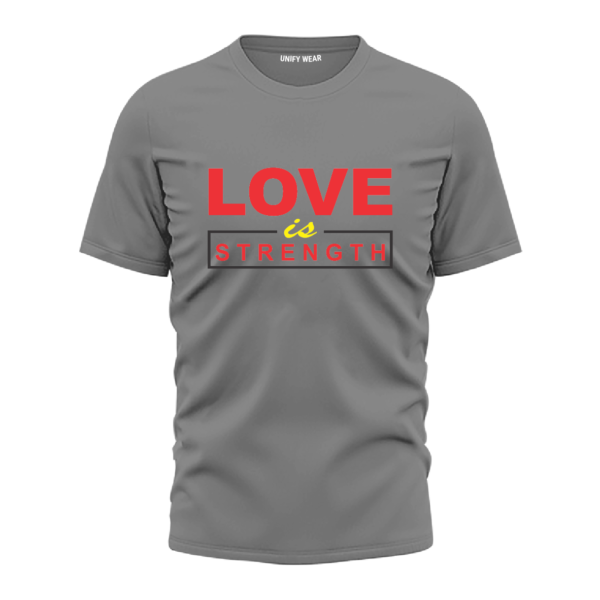 Grey Check "Love is Strength" Bold Print Round Neck T-shirt for Men & Women