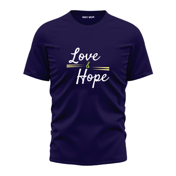 Blue Check "Love is Hope" Bold Print Round Neck T-shirt Unisex