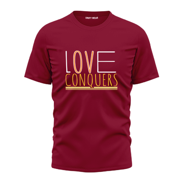 Maroon Round-Neck T-Shirt - "Love Conquers" Bold Print