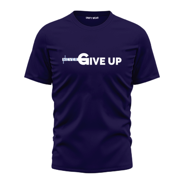 Blue Round-Neck T-Shirt - "Never Give Up" Bold Print