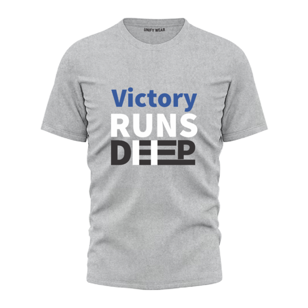 Grey Round Neck T-Shirt - "Victory Runs Deep" Bold Text