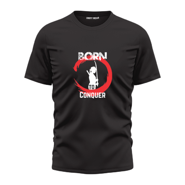 Black Round Neck T-Shirt - "Born To Conquer" Bold Text