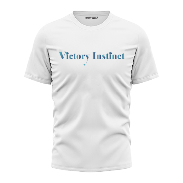 White Round Neck T-Shirt - "Victory Instinct" Bold Text