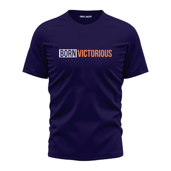 Blue Round Neck T-Shirt - "Born Victorious" Bold Text