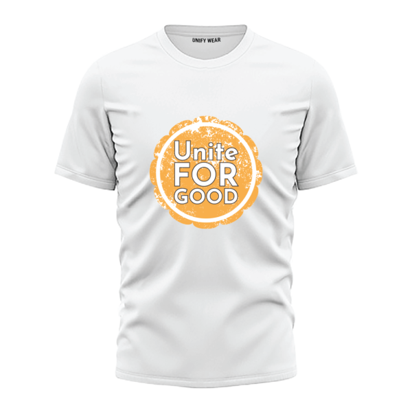 White Round Neck T-Shirt - "Unite For Good Thrive" Bold Print