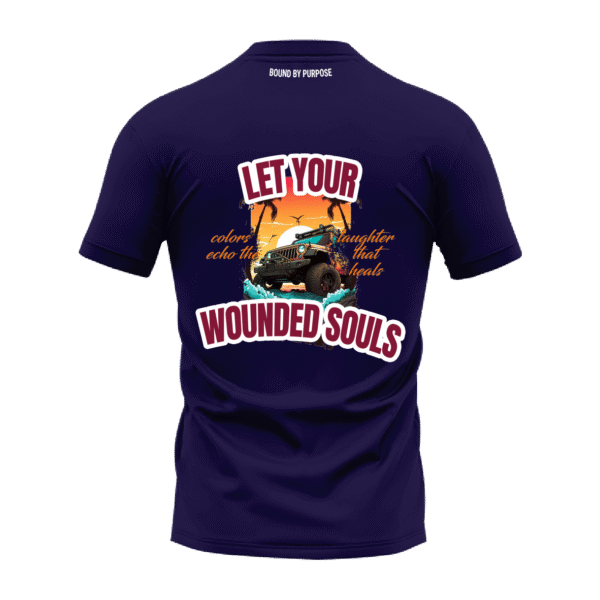 "Echo of Healing" Bold Text Graphic Blue Round Neck T-Shirt