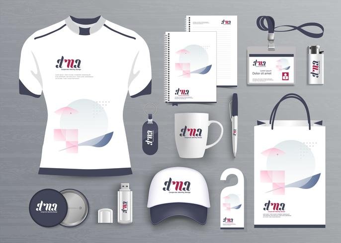 Flat-lay vector of branded shirt, cap, mug, badges, and tech accessories.