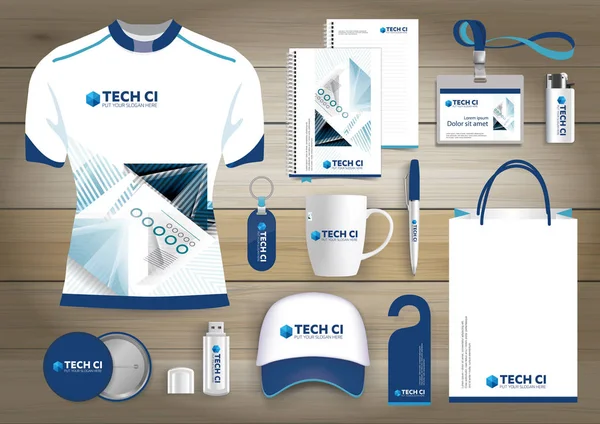 Vector illustration of promotional items: pen, mug, cap, notebook.