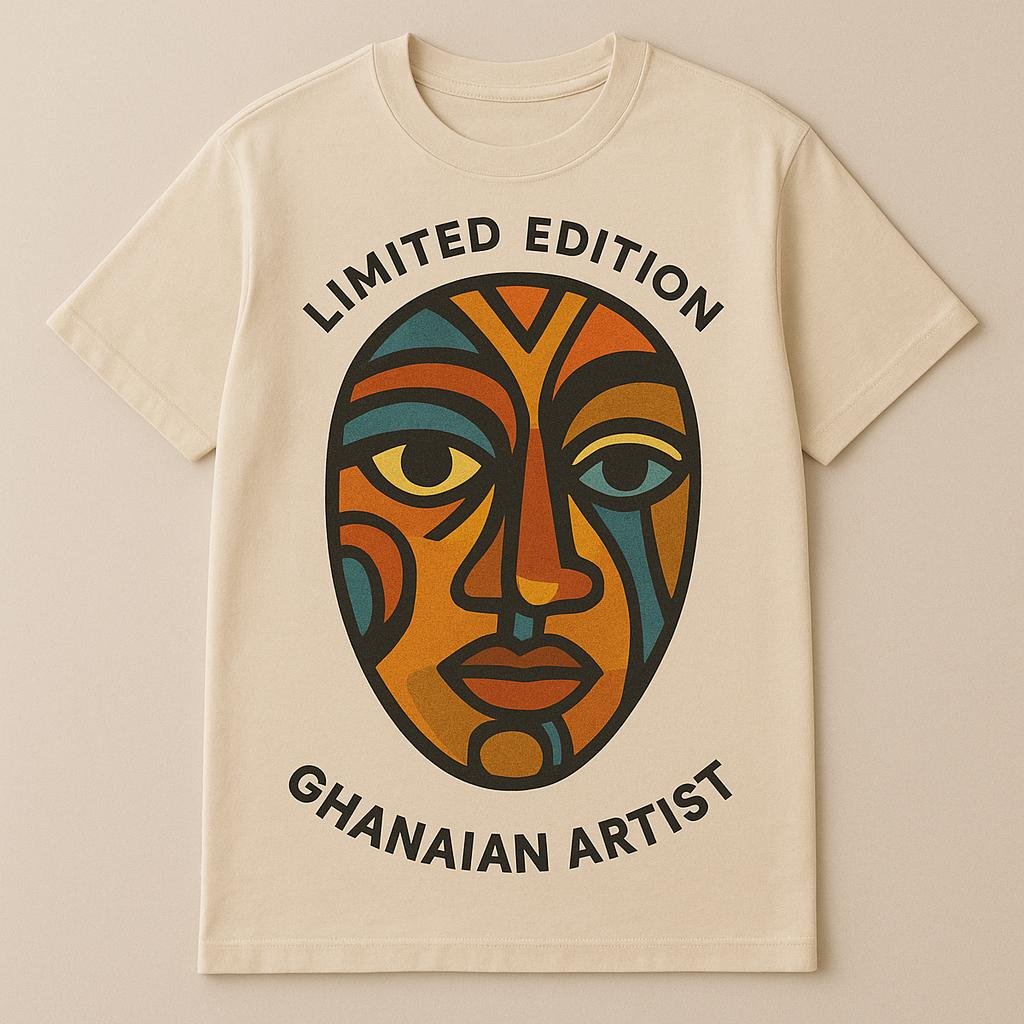 A limited-edition custom merchandise T-shirt designed by a local artist in Ghana.