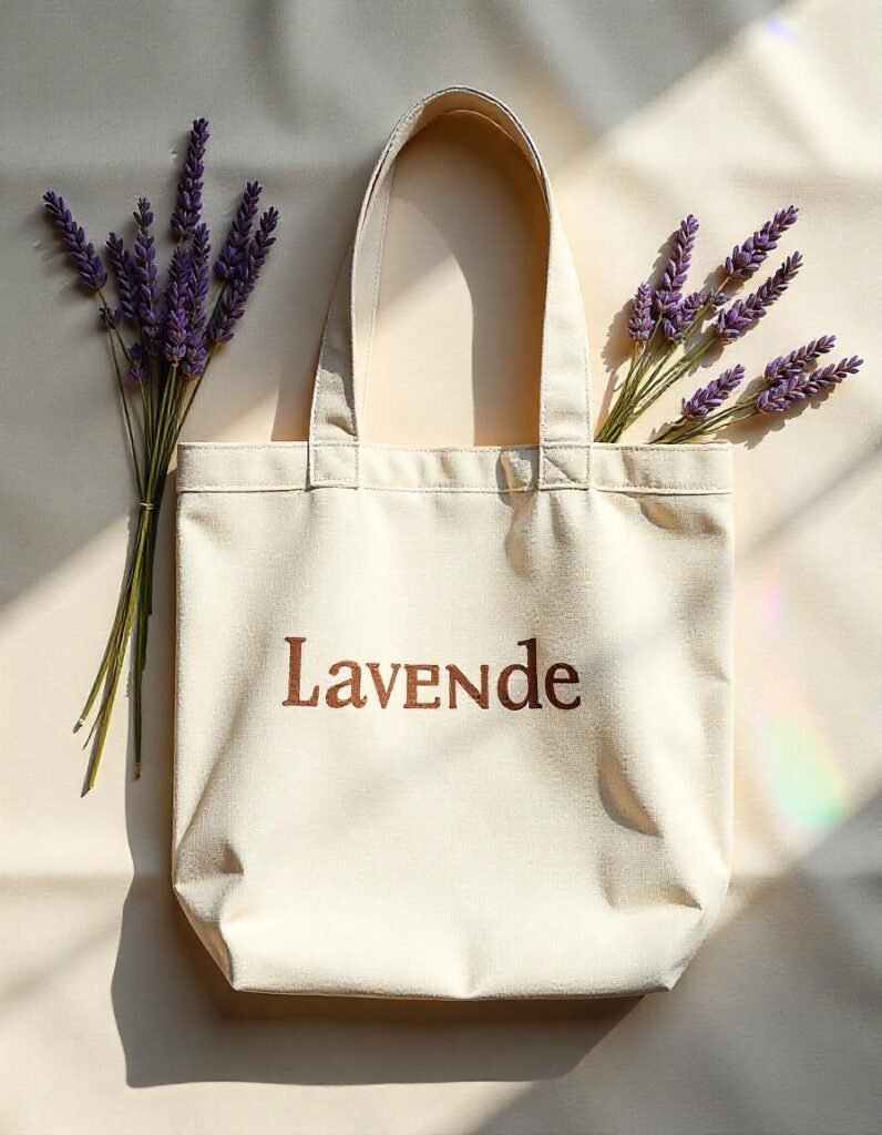Eco-friendly recycled tote bag with stitched storytelling in promotional merchandise messaging.
