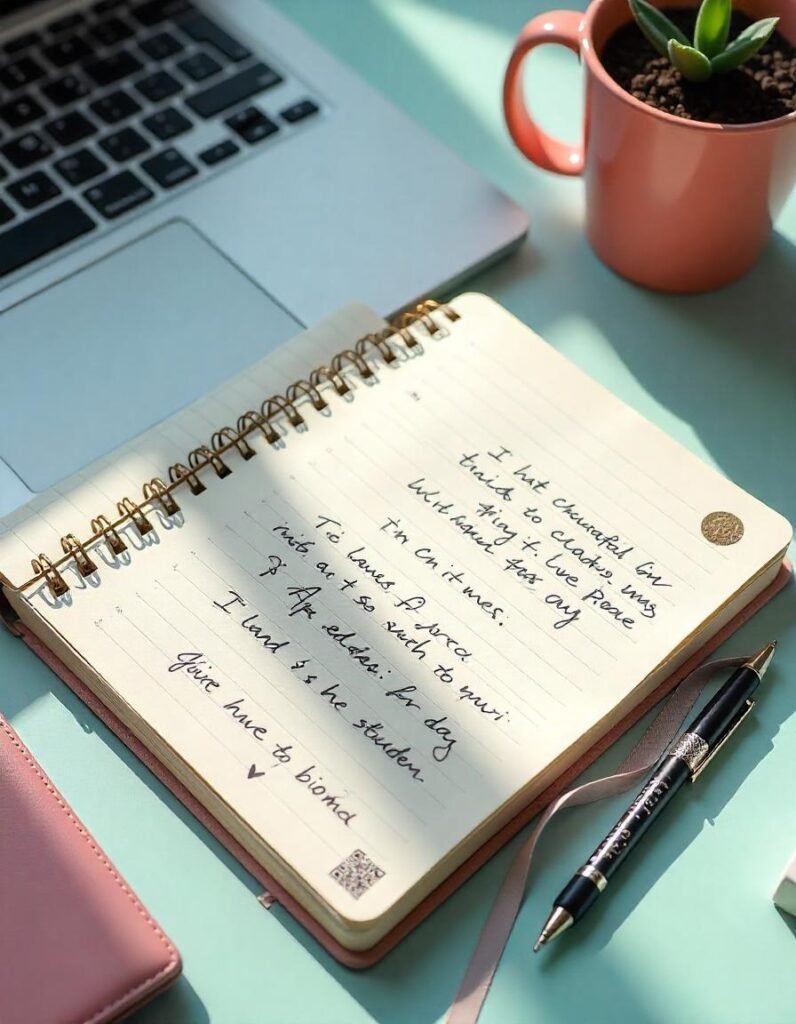 Student-designed notebook and pen set featuring quotes, doodles, and a scannable QR code.