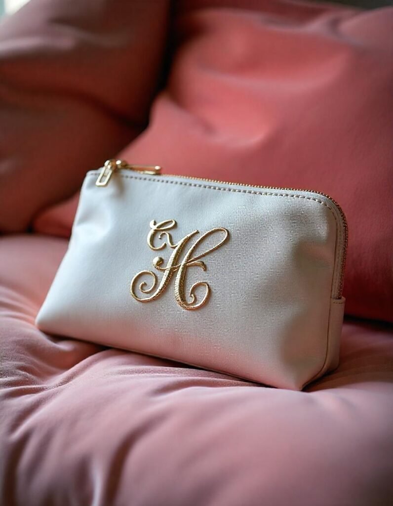 A custom merchandise pouch with embroidery on it.
