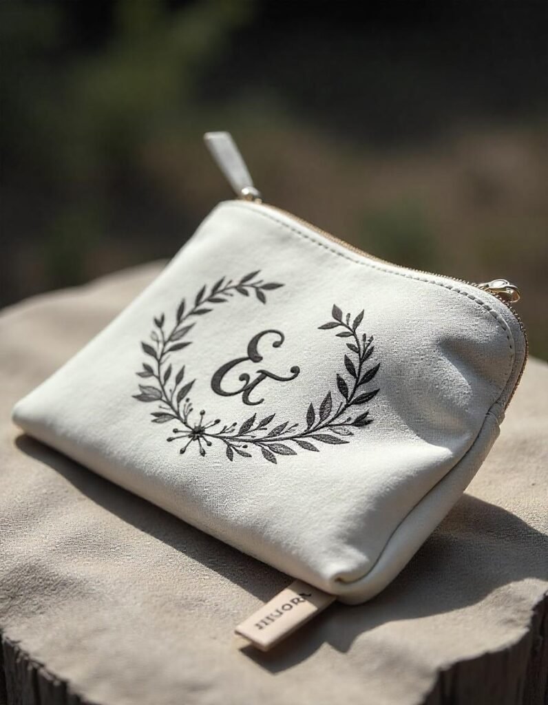 Personalized bridal pouch with embroidered initials and a secret love note stitched into the lining.