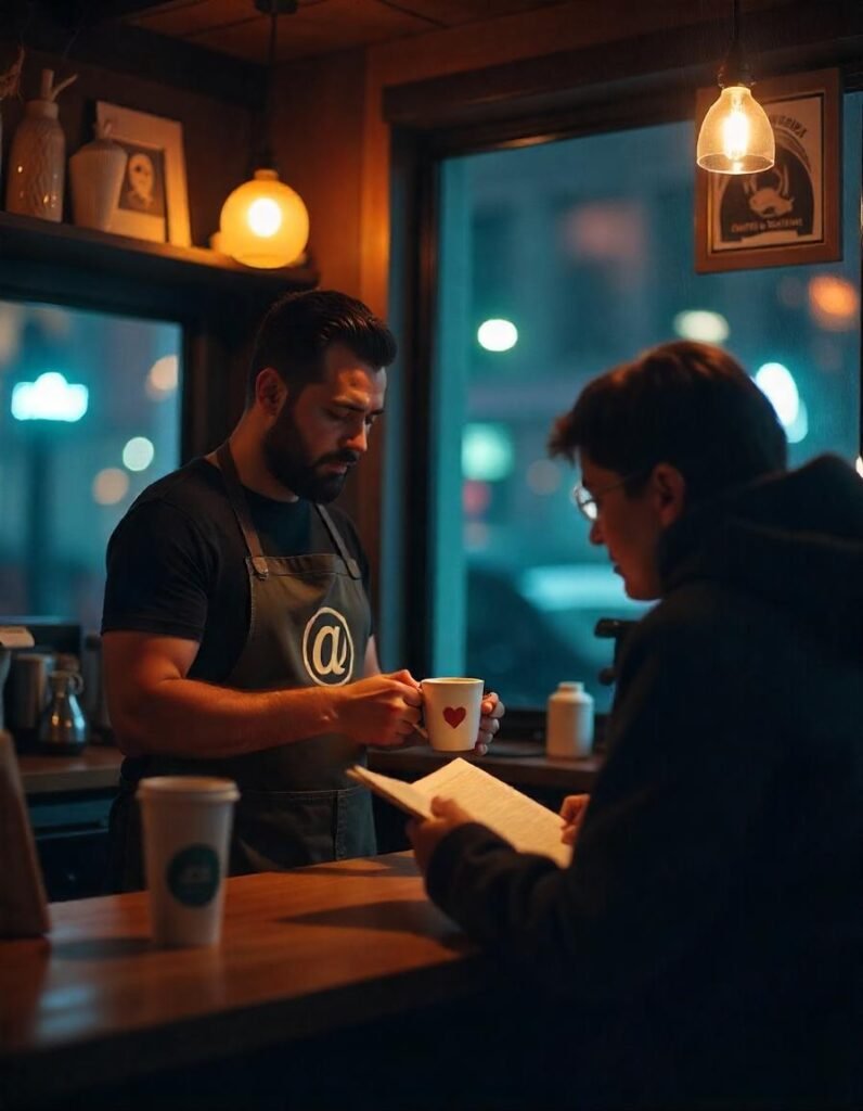 Branding Psychology: A dimly lit, cozy coffee shop interior, with a Hispanic barista wearing a @branded apron, serving coffee in a @branded mug to a customer reading a book.