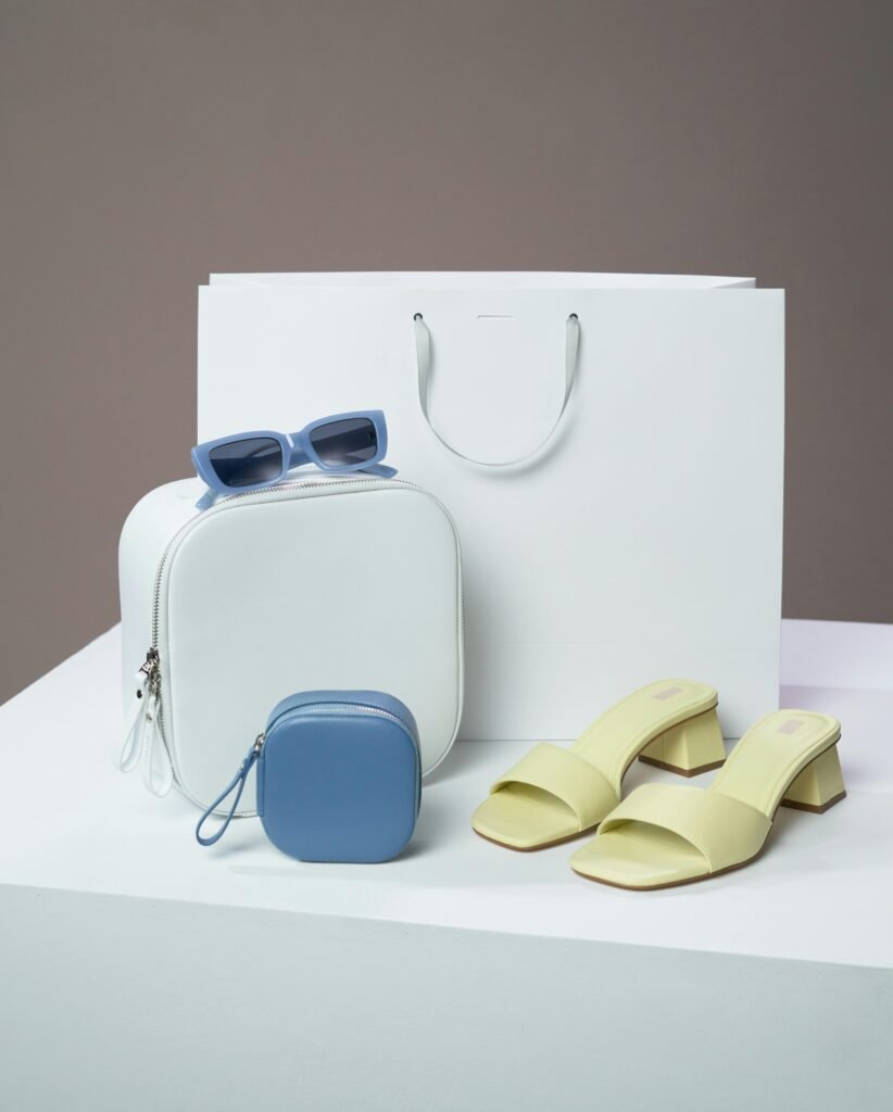 Merchandise in teal and gray colors, evoking calm and consistency of branding psychology.
