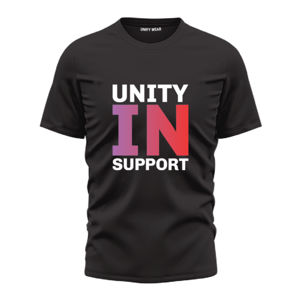 Black Round Neck T-Shirt - "Unity in Support" Bold Text