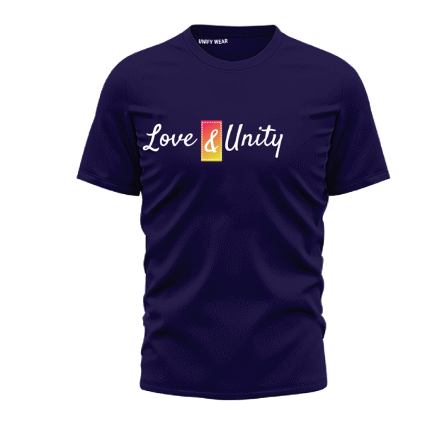 Deep Blue Round Neck T-Shirt - "Love and Unity" Bold Text