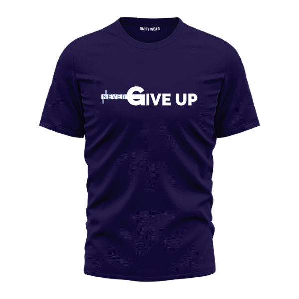 Blue Round-Neck T-Shirt - "Never Give Up" Bold Print