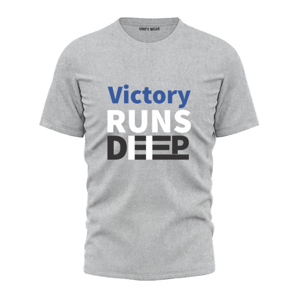 Grey Round Neck T-Shirt - "Victory Runs Deep" Bold Text