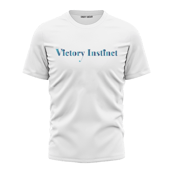 White Round Neck T-Shirt - "Victory Instinct" Bold Text