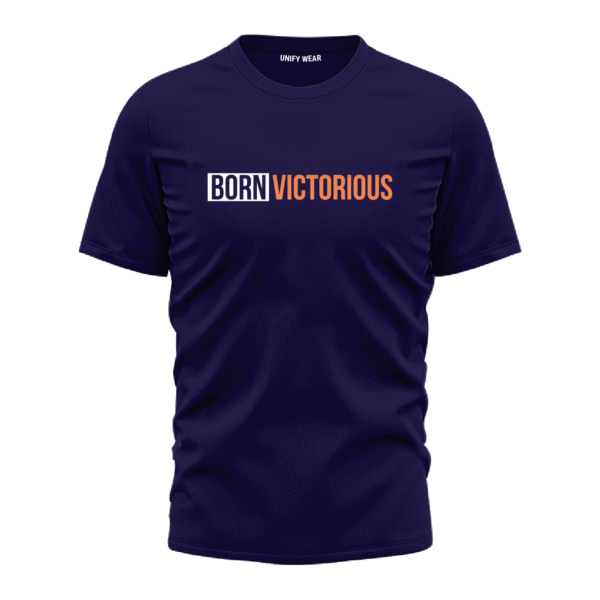 Blue Round Neck T-Shirt - "Born Victorious" Bold Text