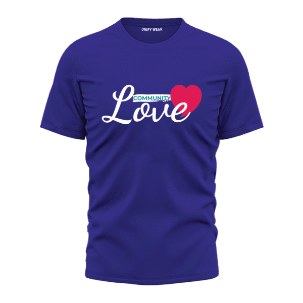 Blue Round Neck T-Shirt with "Community Love" Graphic Print