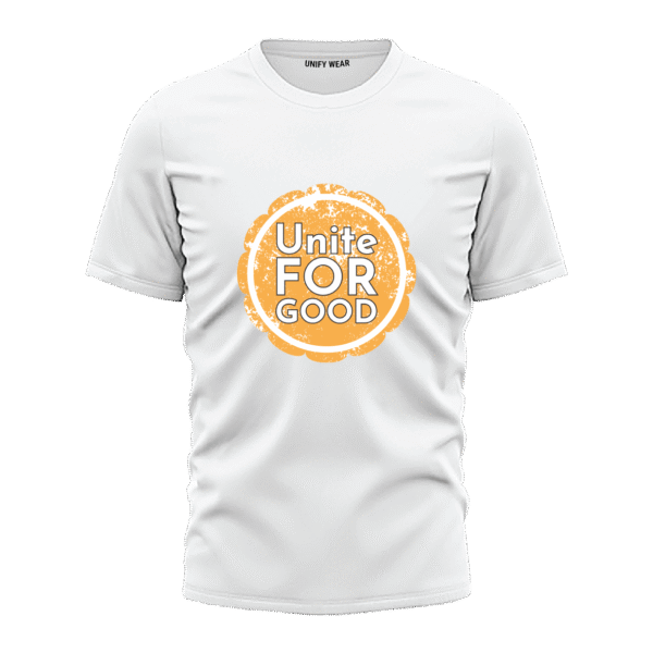 White Round Neck T-Shirt - "Unite For Good Thrive" Bold Print
