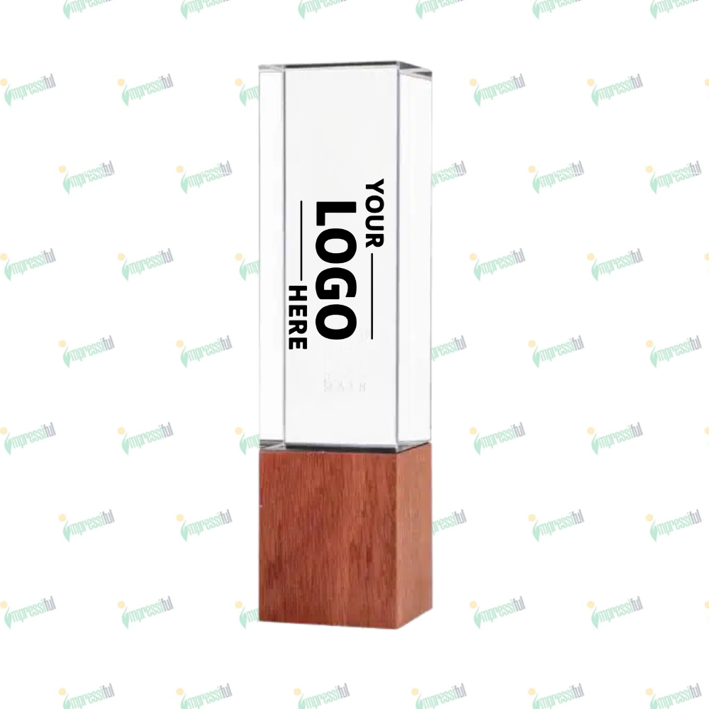 Untitled design - 2025-11-25T193754.751 Cuboid Trophy with Wooden Base – Premium Corporate Award & Recognition Piece | Impressiful - Image 1