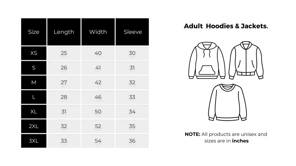 Size Chart Adults Hoodies