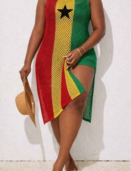 Ghana flag crochet mesh beach cover up dress