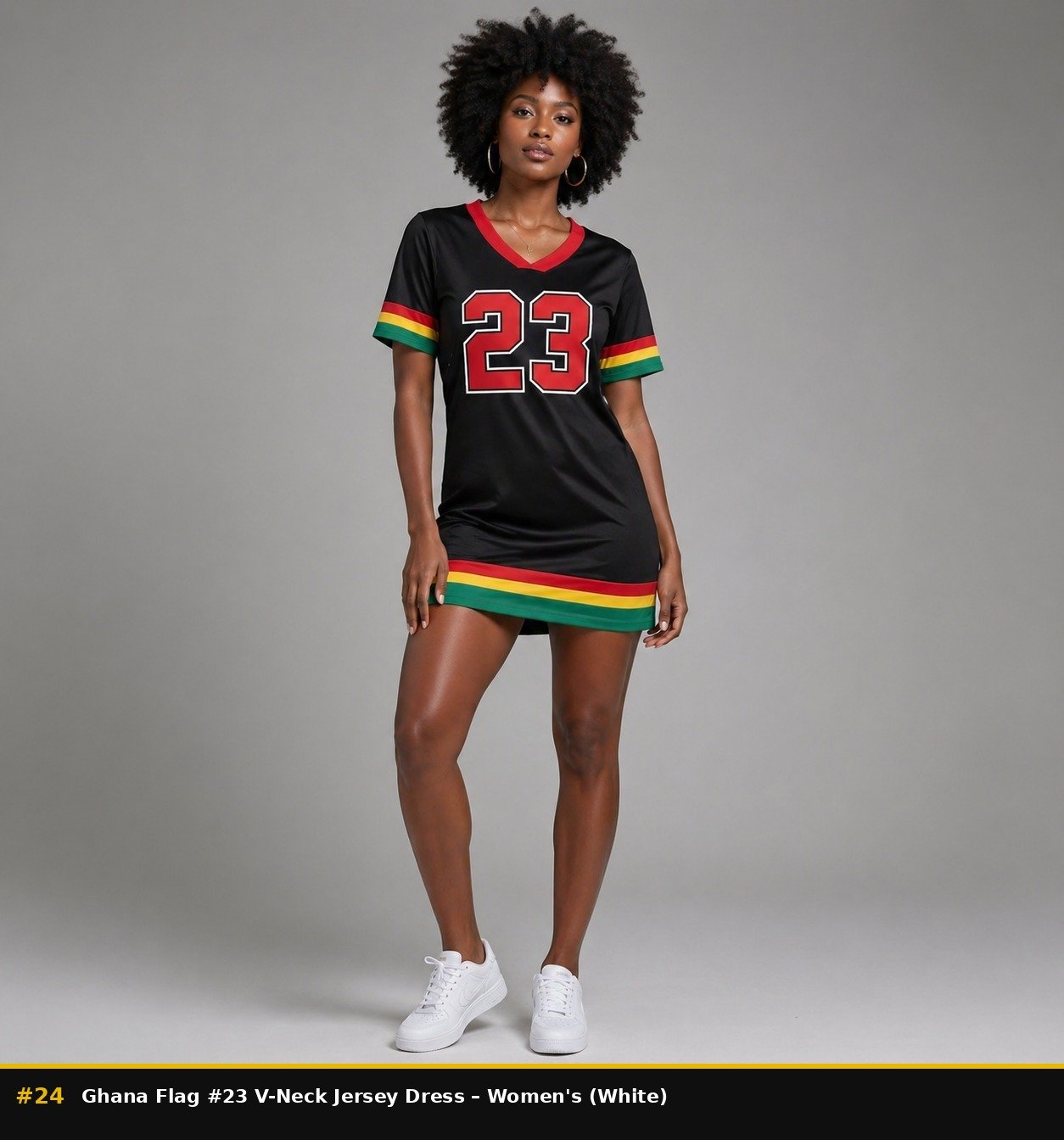 24_Ghana Flag #23 V-Neck Jersey Dress – Womens (White) Ghana flag #23 v neck jersey dress - Image 1