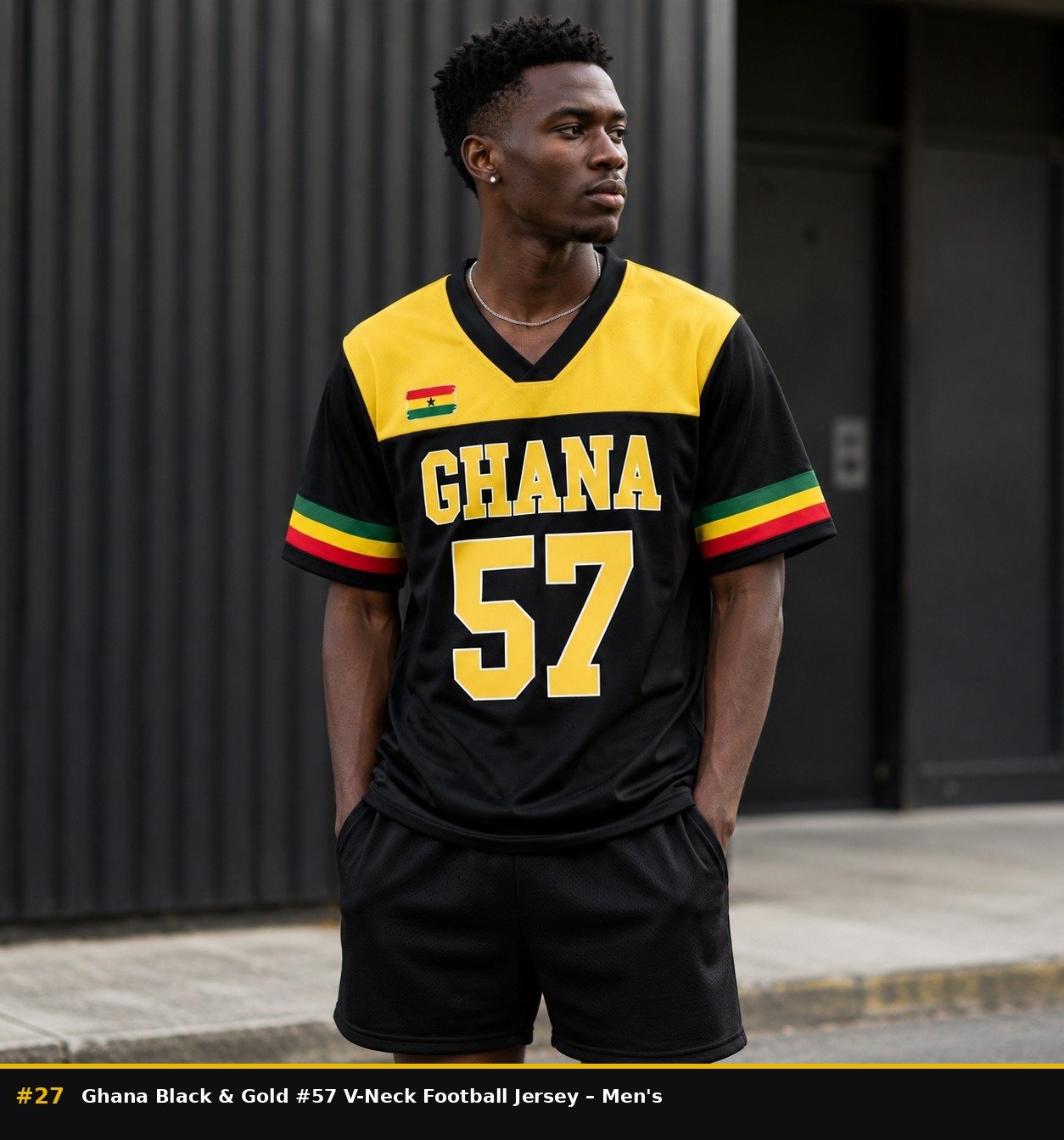 27_Ghana Black and Gold #57 V-Neck Football Jersey – Mens ghana black and gold #57 v neck football jersey - Image 1