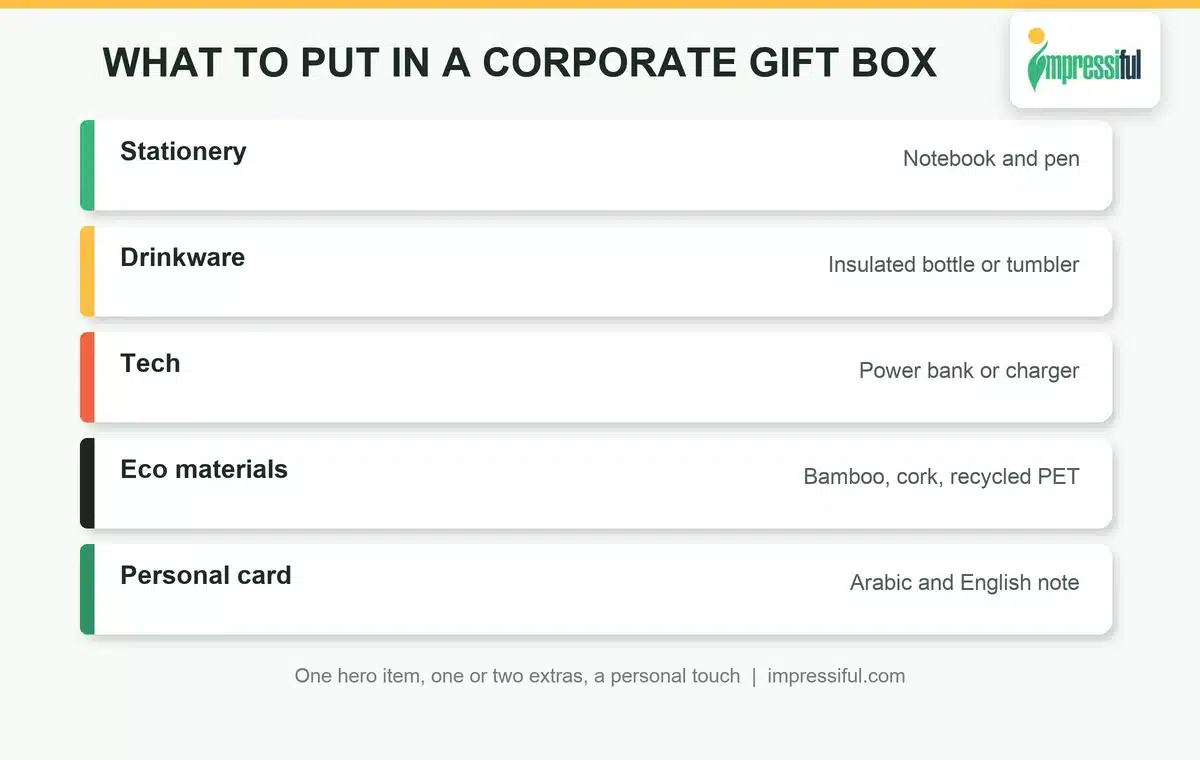 What to put in corporate gift boxes Dubai: notebook and pen, insulated bottle, tech accessory, eco items and a greeting card