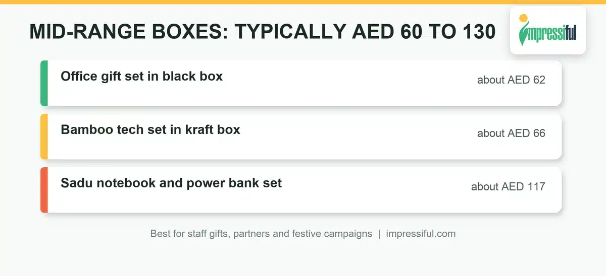 Mid-range corporate gift boxes Dubai: notebook, insulated bottle and tech accessories in a branded black or kraft box