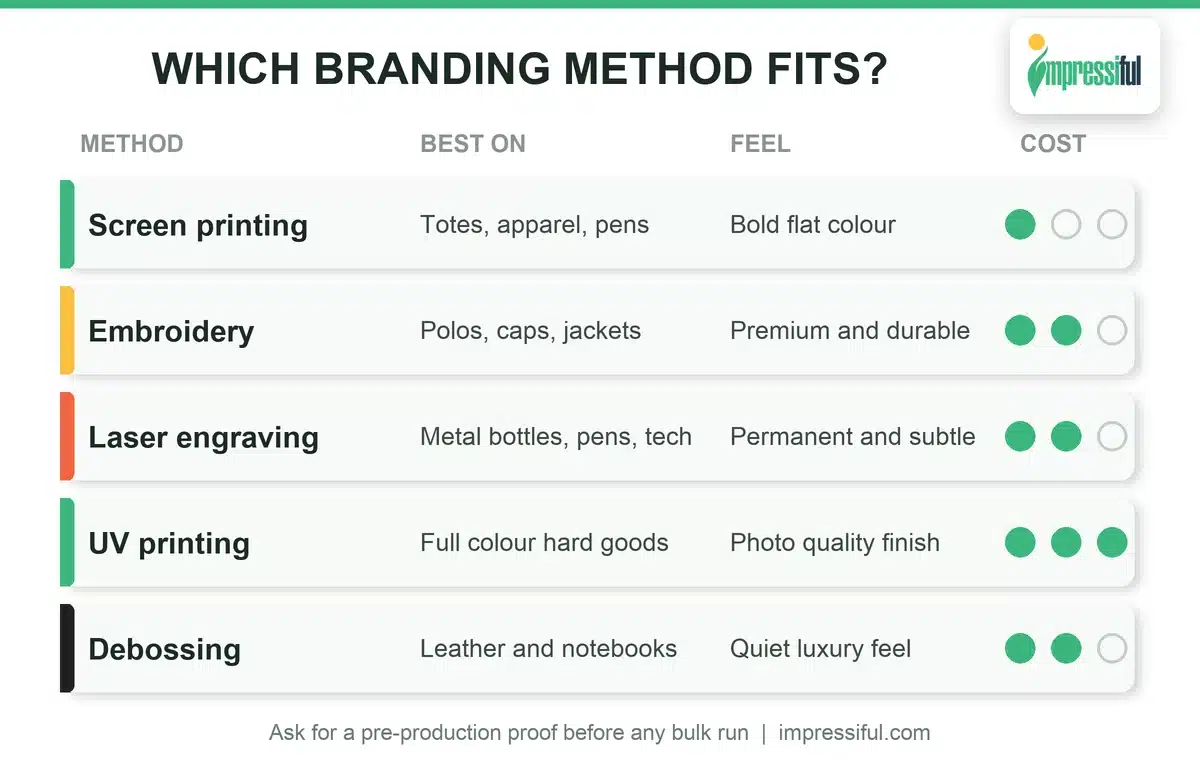 Comparison of branding methods for corporate gifts: screen printing, embroidery, laser engraving, UV printing and debossing