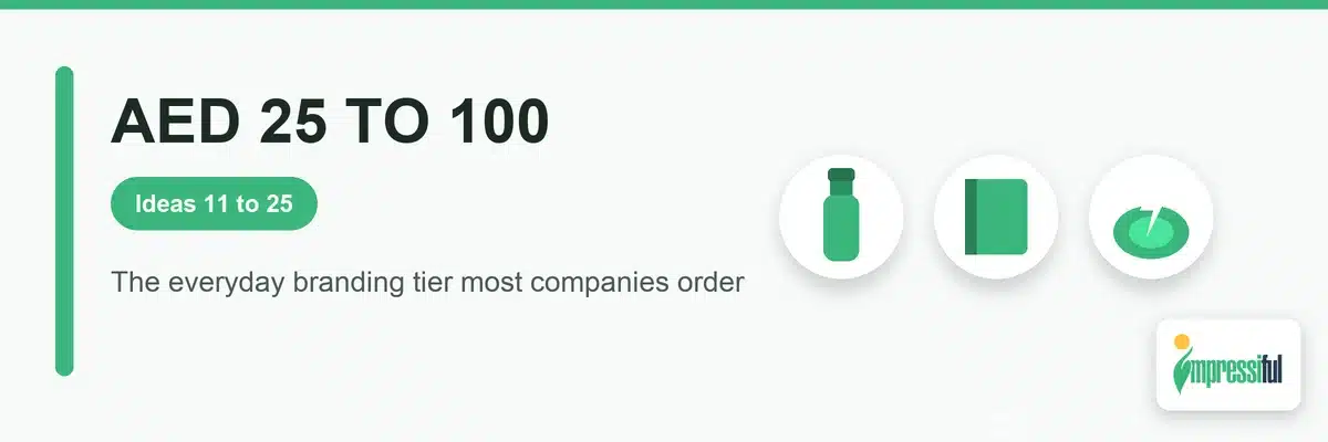 Corporate gifts AED 25 to 100: bottles, notebooks and wireless chargers