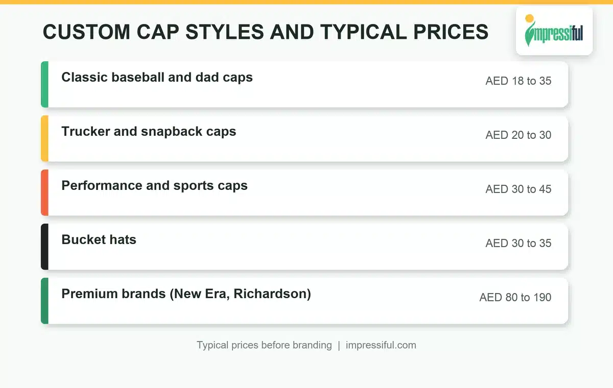 Custom caps Dubai styles and typical prices: baseball, trucker, performance, bucket and premium brand caps