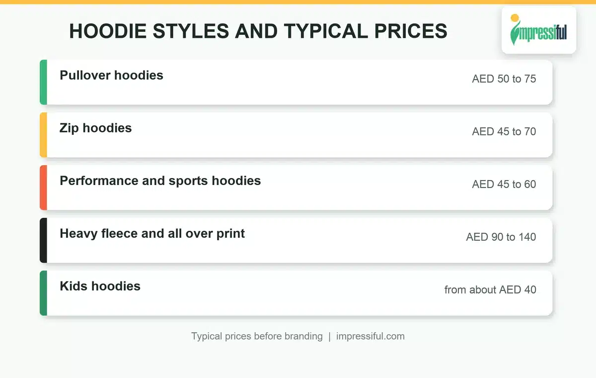 Custom hoodies Dubai styles and typical prices: pullover, zip, performance, heavy fleece and kids hoodies