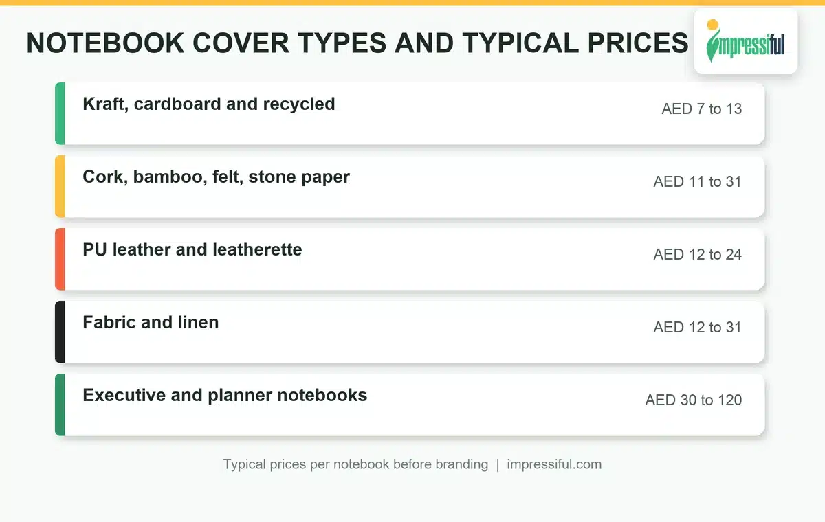 Custom notebooks Dubai cover types compared: kraft, cork, PU leather and executive with typical prices
