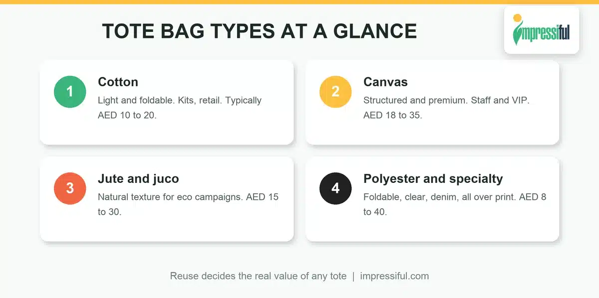 Custom tote bags Dubai types compared: cotton, canvas, jute and polyester with typical prices