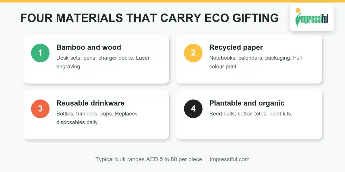Four material families of eco friendly corporate gifts with typical uses