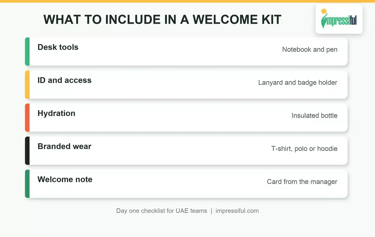 Employee welcome kits UAE checklist: desk tools, ID and access, branded wear, hydration and a welcome note