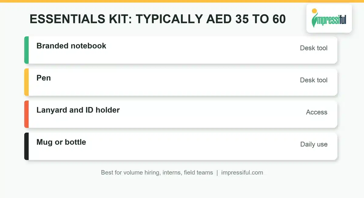 Essentials employee welcome kit for UAE teams: notebook, pen, lanyard and bottle, typically AED 35 to 60