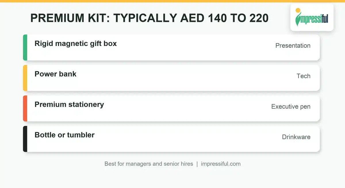 Premium employee welcome kit for senior hires: curated gift set in a rigid box with power bank and stationery